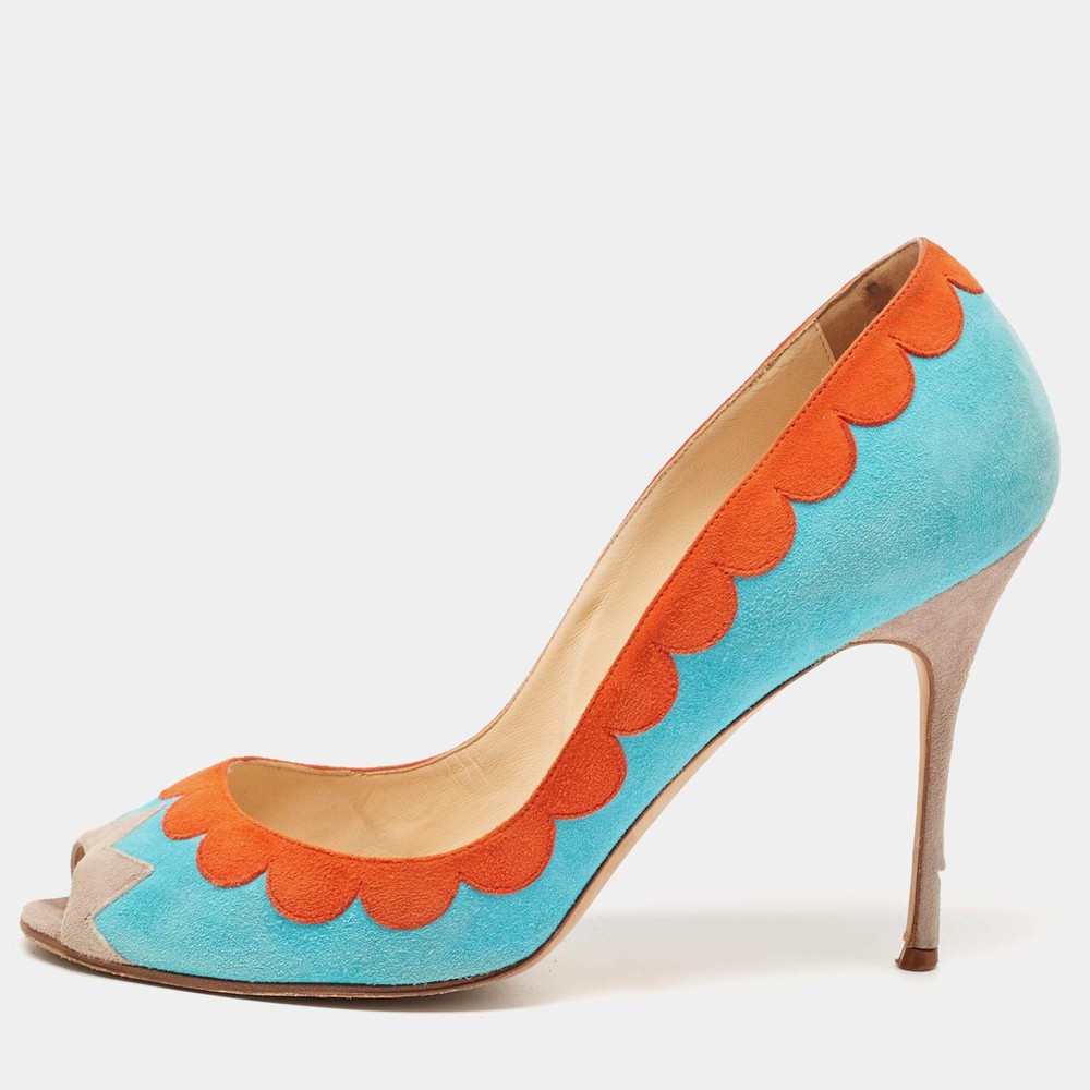 Manolo Blahnik BlueOrange Suede Peep Toe Pumps Size 41