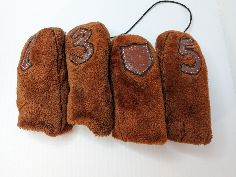 Vtg Set Of 4 Head Covers Fuzzy Brown With Leather Patches 1, 3, 5 & Blank READ