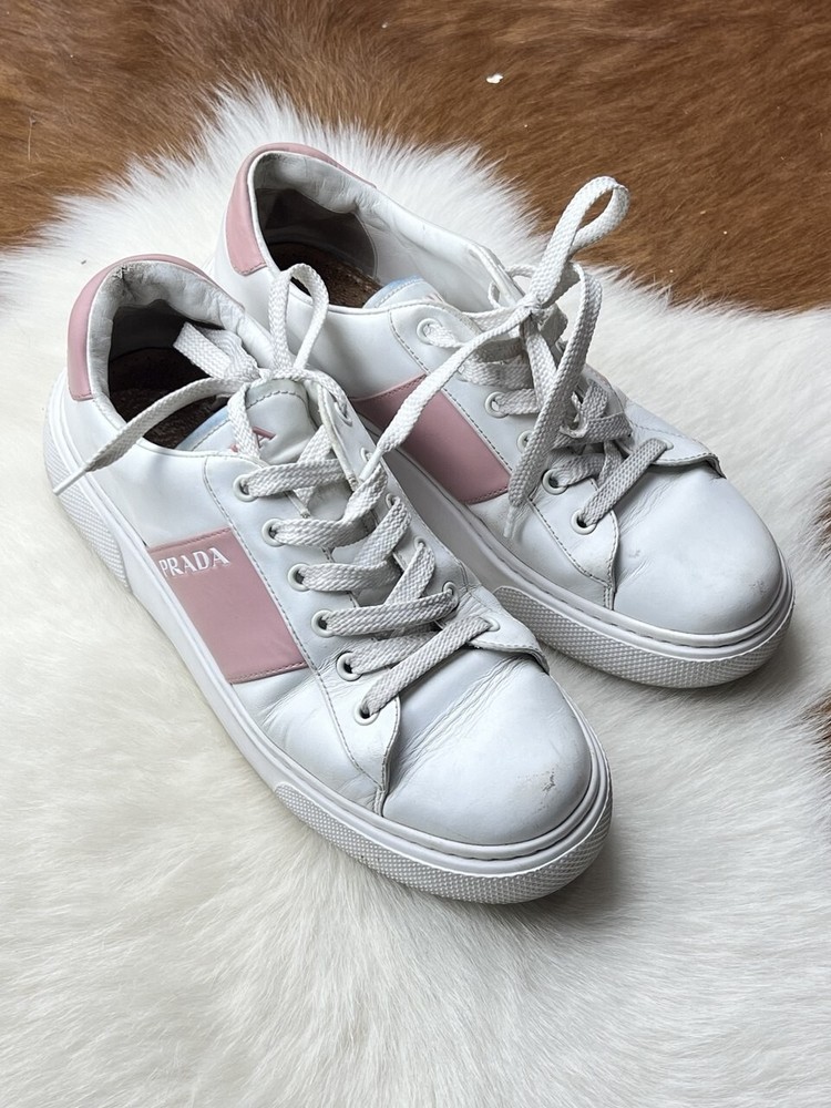 Prada Womens White Pink Leather Sneakers Size 39 EU Vietnam Crafted