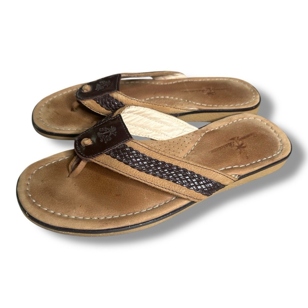 Tommy Bahama Mens Cocoa Brown Leather Anchored Thong Sandals Size 11 Flip Flops