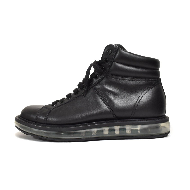 Prada High Top Leather Sneakers with Side Zip Logo Air Sole Black Size 8 Men
