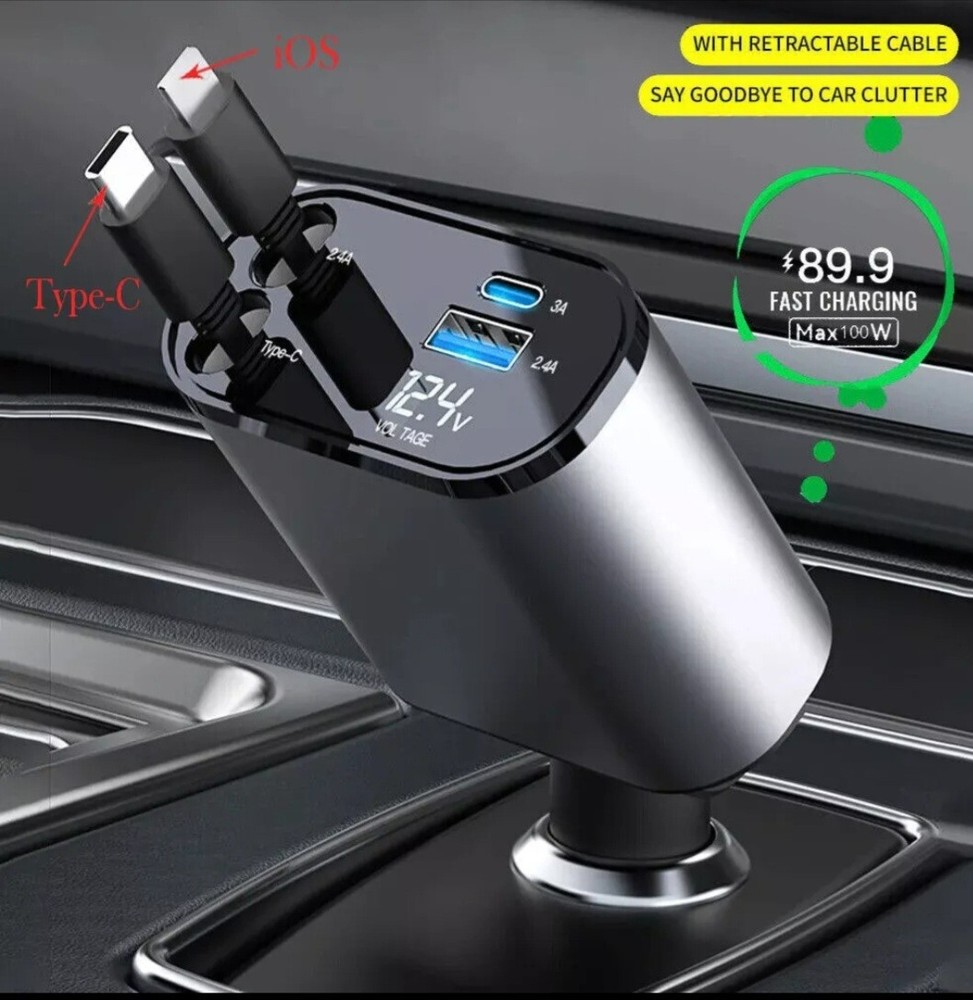 4-in-1 Retractable Fast Car Charger with Dual USB-C & Lightning Ports
