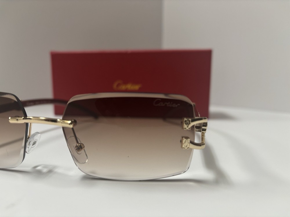 Cartier Rimless Sunglasses Brown Gradient Lenses Wooden & Gold Frames New!