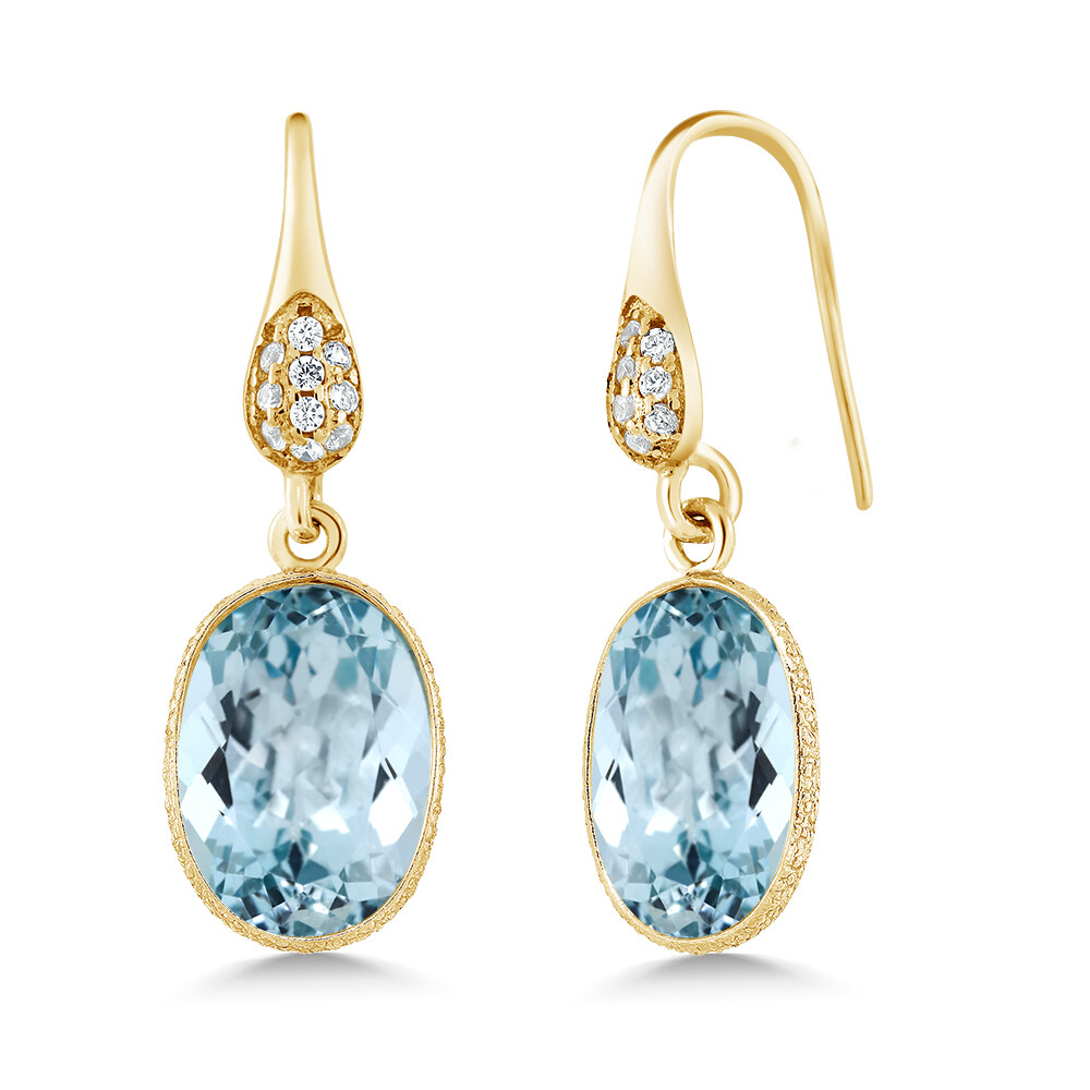 14.00 Ct Blue Topaz 14x10mm Oval 18K Yellow Gold Plated Silver Dangle Earrings