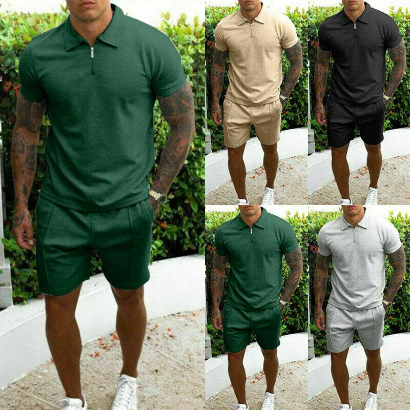 2PCS Mens Summer Short Sleeve Collar Shirt+Shorts Plain sport travel clothes set