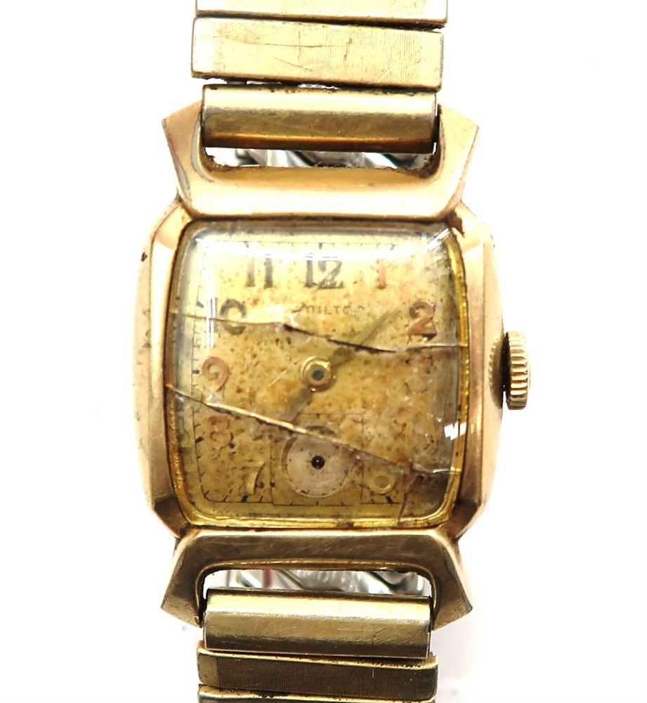 Vintage HAMTILTON 10k Gold Filled Mens Watch ~ CRACKED CRYSTAL NOT RUNNING AS-IS