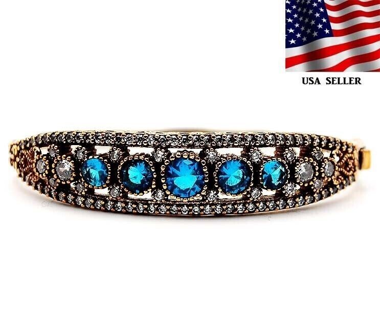 Ottoman Empire Style 9CT Blue Topaz & Topaz 925 Sterling Silver Bracelet ZB1-4