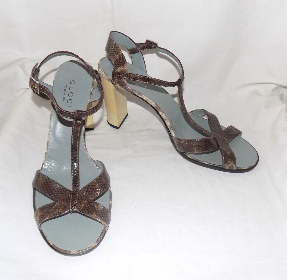Gucci Karung Snakeskin Brown Multi T-Strap Block Heel Sandals Size 10B