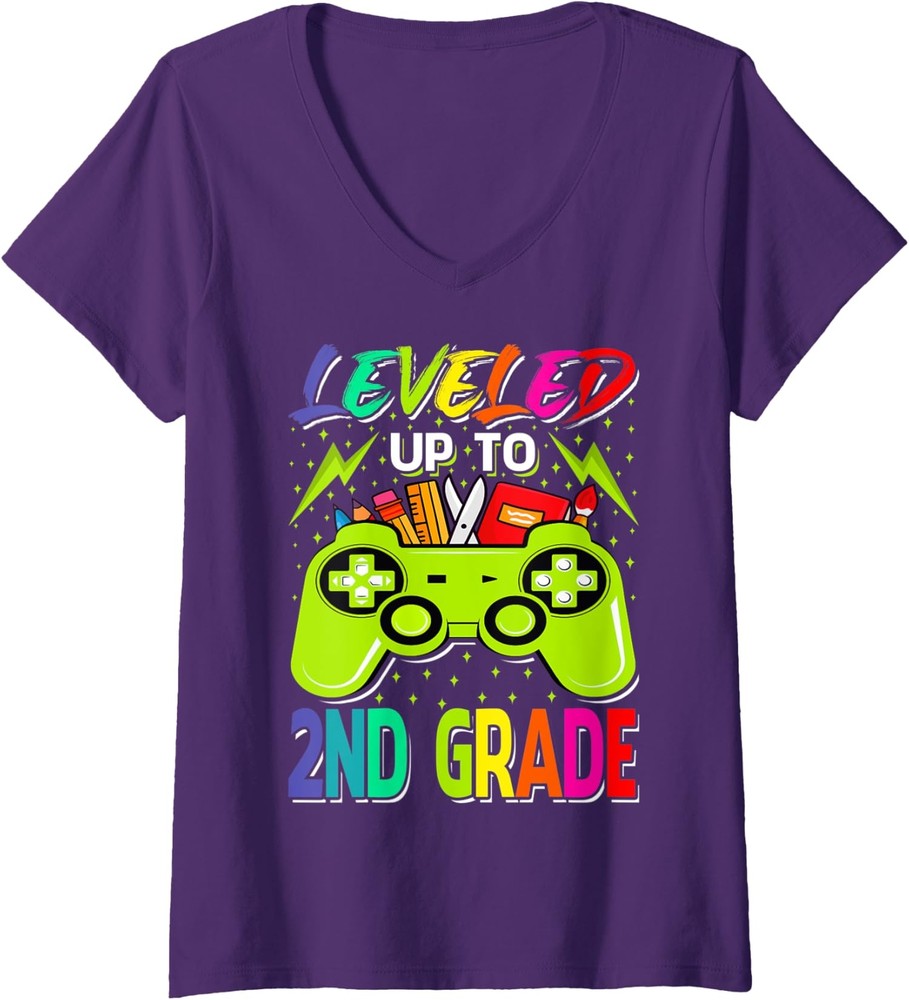 Leveled Up To 2nd Grade Gamer Back To School First Ladies' V-Neck Tshirt