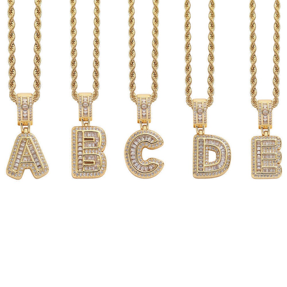 Women Men Iced Out Initial Pendant Necklace Stainless Steel Rope Chain Hip Hop