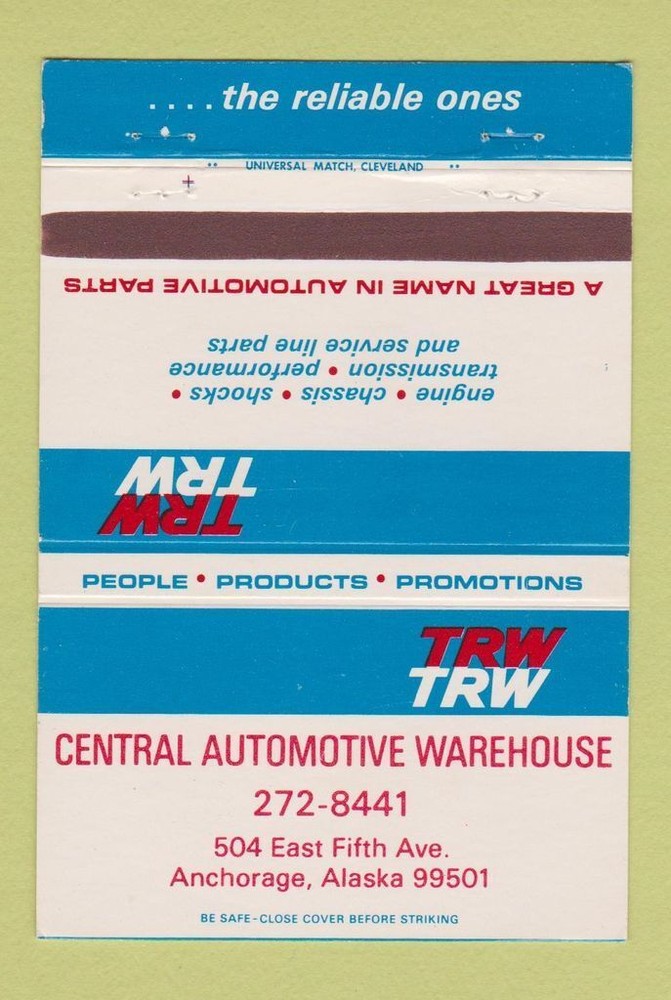 Vintage Matchbook Cover - Central Automotive Warehouse Anchorage AK Auto Parts 40 Strike