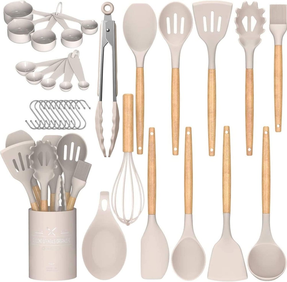 33PCS Silicone Cooking Utensils Spatula Set Non Stick Wooden Handle w/ Holder