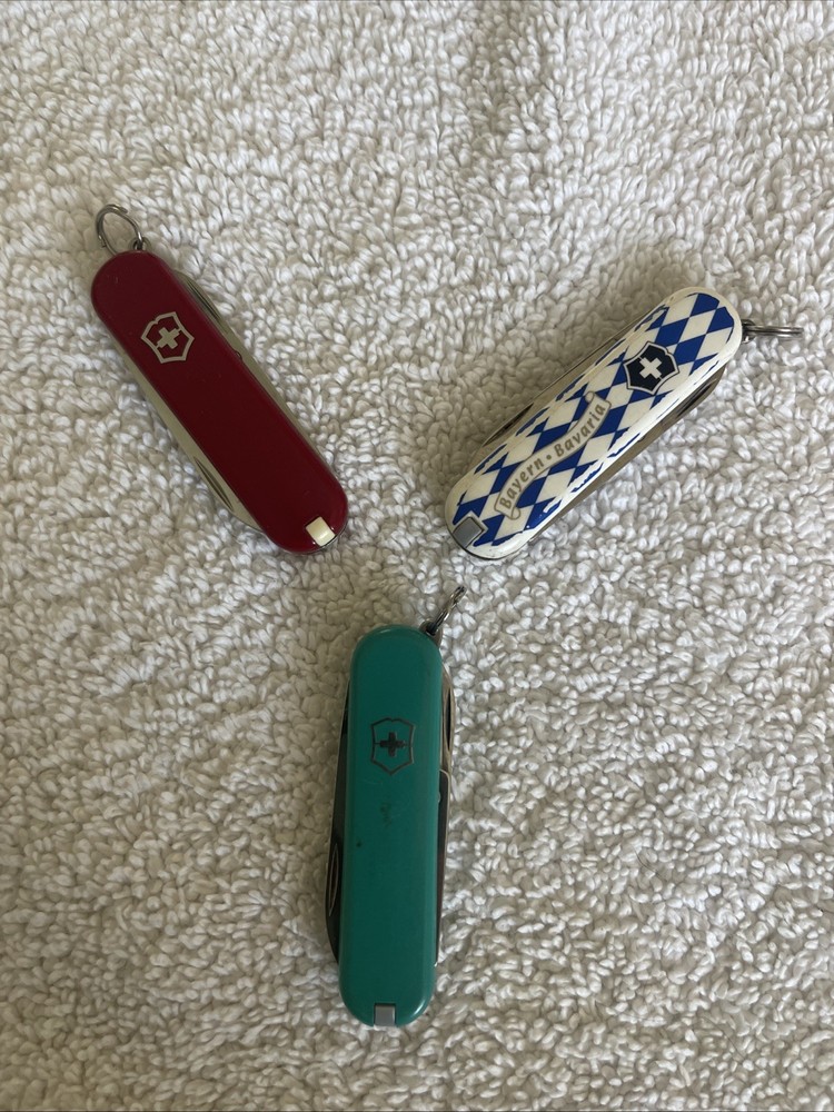3 Swiss Army Knives - Red, Teal & Blue Checkered White Handles
