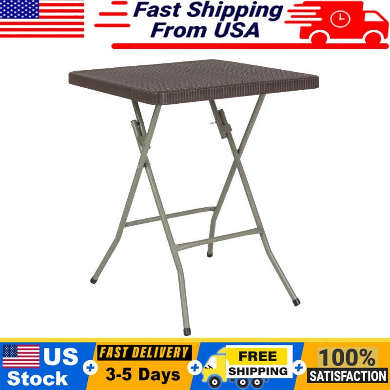 Brown Waterproof Folding Square Table for 2 Adults 1.95 Foot Outdoor Metal Plastic