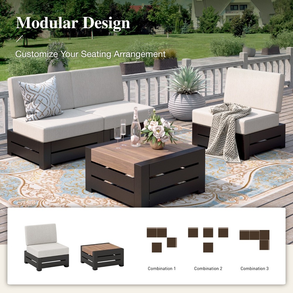 4-Piece Wood Grain Patio Conversation Set with Sofa for Outdoor Relaxation