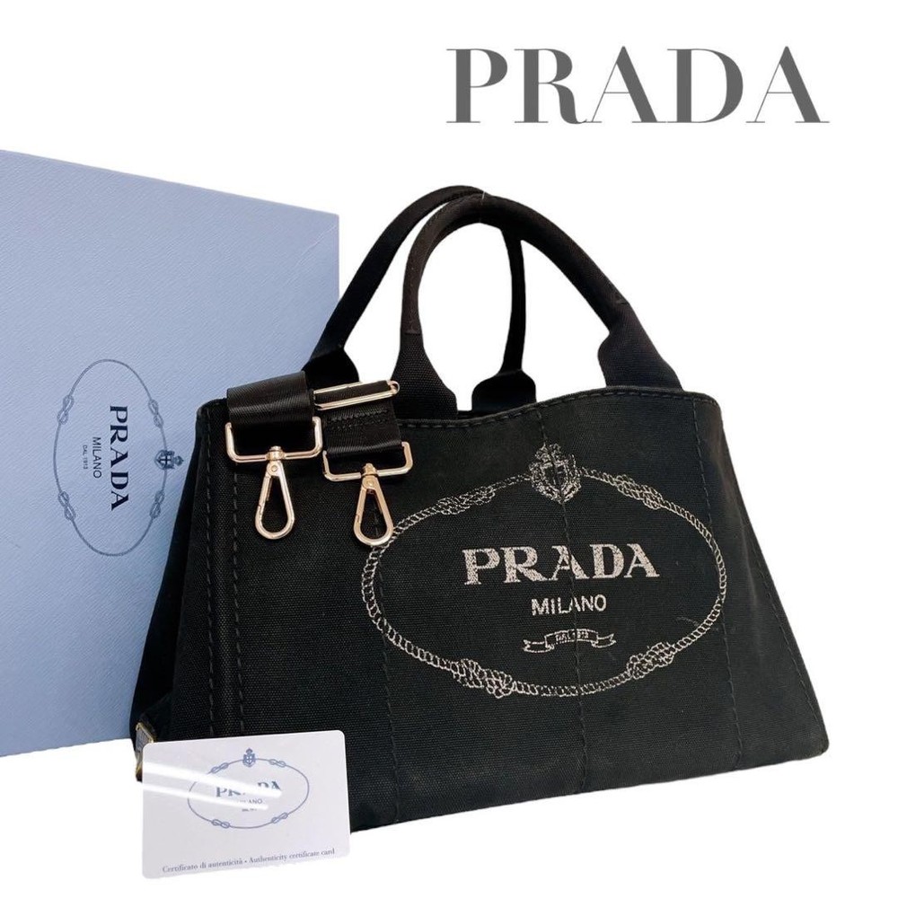Prada Vintage Black Canvas Triangle Logo 2-Way Handbag Authentic Excellent