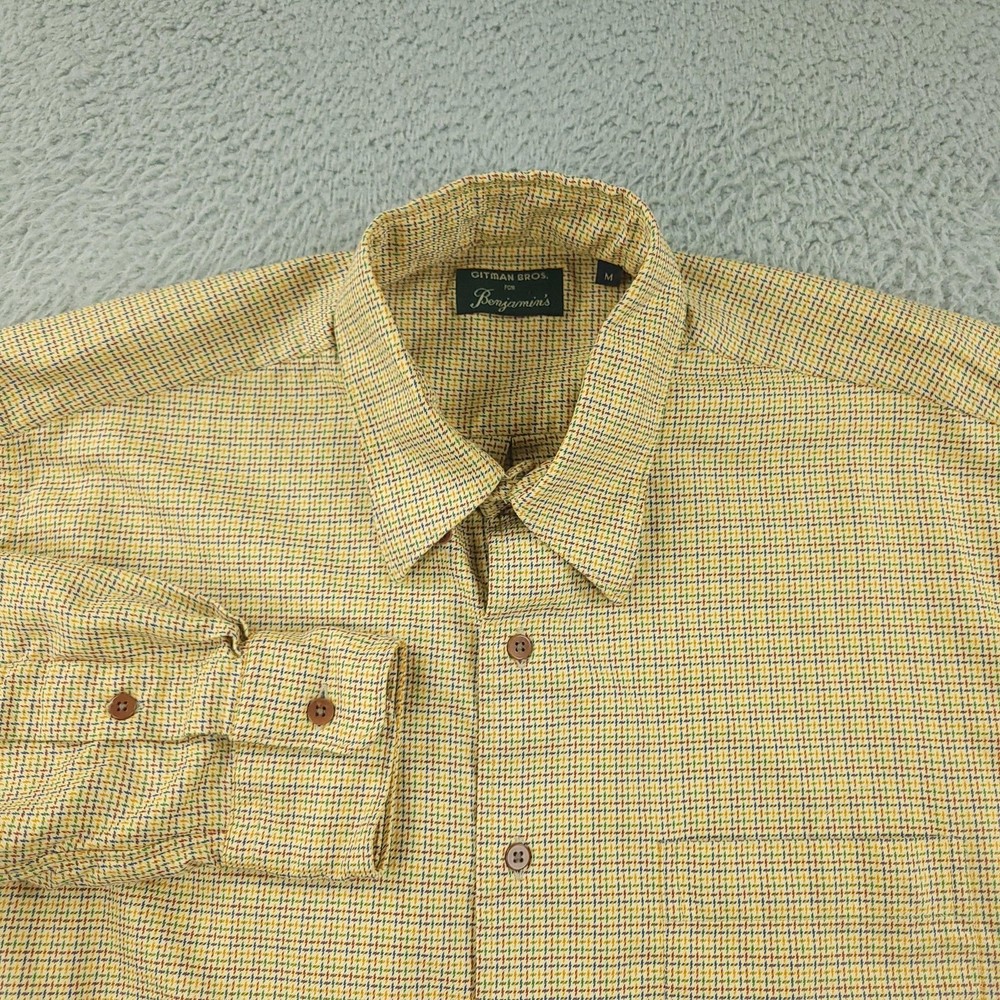 Gitman Bros Dress Shirt Mens Medium Yellow Houndstooth 100% Cotton Long Sleeve