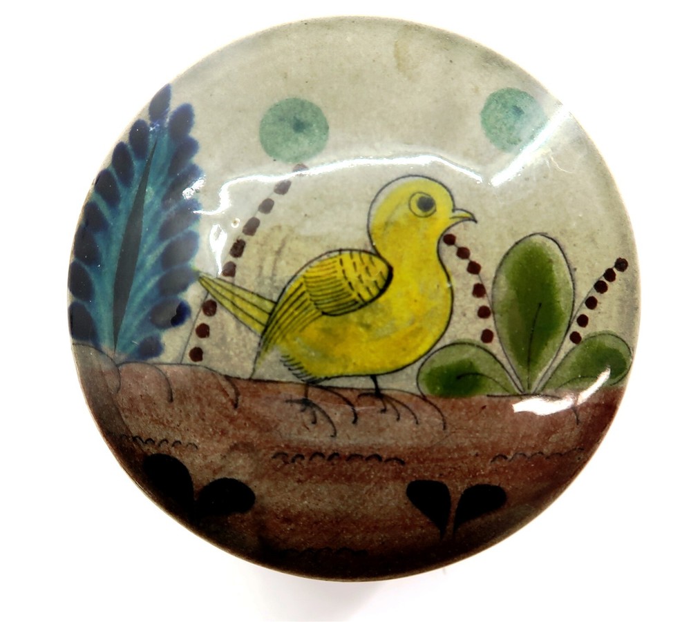 Vintage Mexican Folk Art Bird Trinket Box 3.5 Inch Hand Painted Ceramic