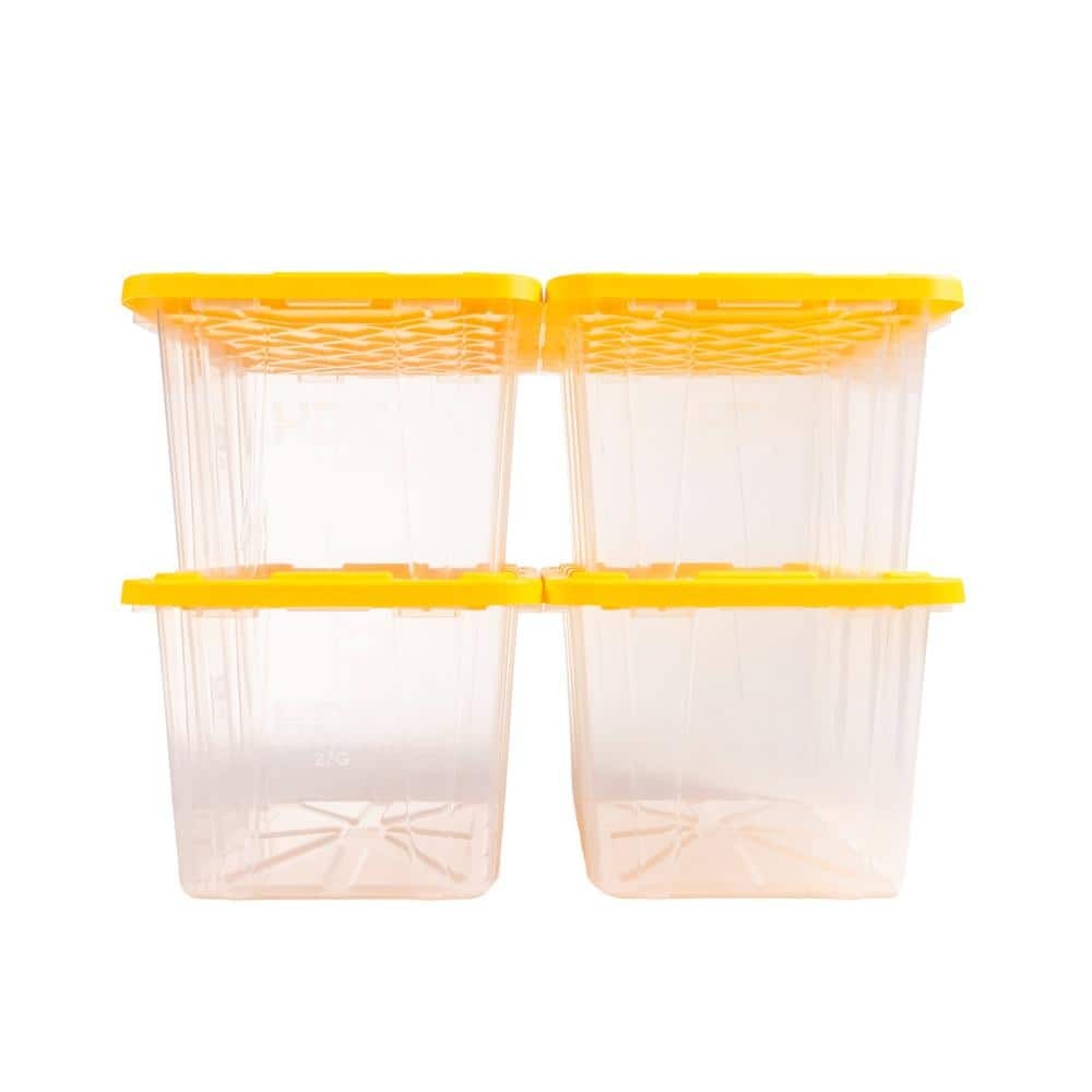 27 Gal Clear Tough Storage Totes with Yellow Lids 4-Pack