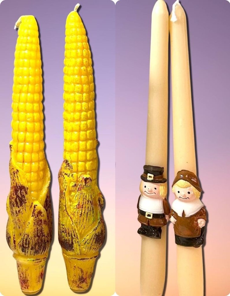 Thanksgiving Folk Art Candles Set 4 Vtg Taper Pilgrim Corn Handpaint Novelty 10