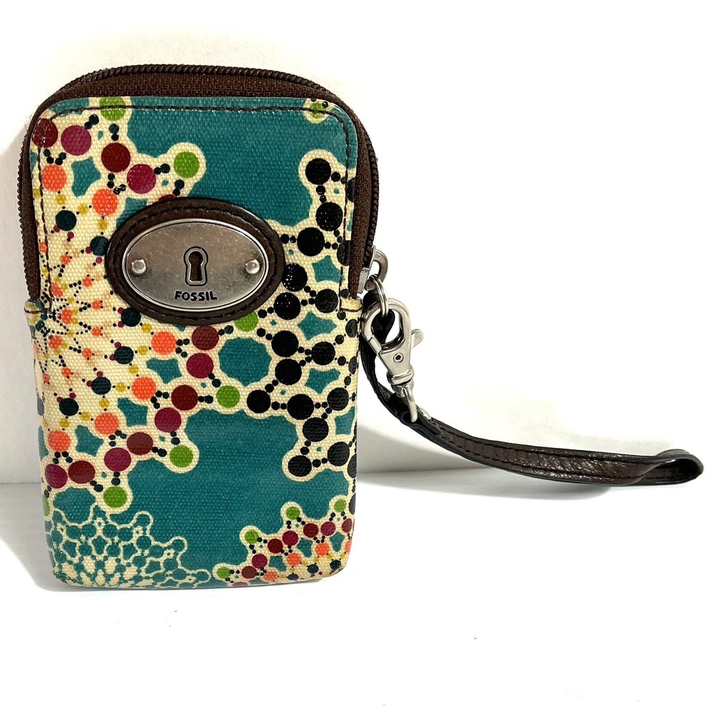 Vintage Fossil Key-Per Carryall Multicolor Zip Wristlet Wallet Canvas
