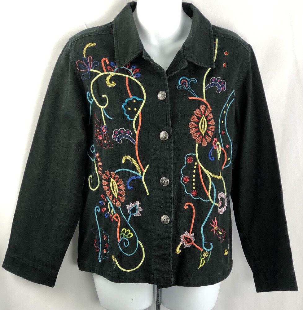 Vintage Jean Jacket M Blk Neon Embroidered LongSleeve Pockets Y2K 90s Rockabilly
