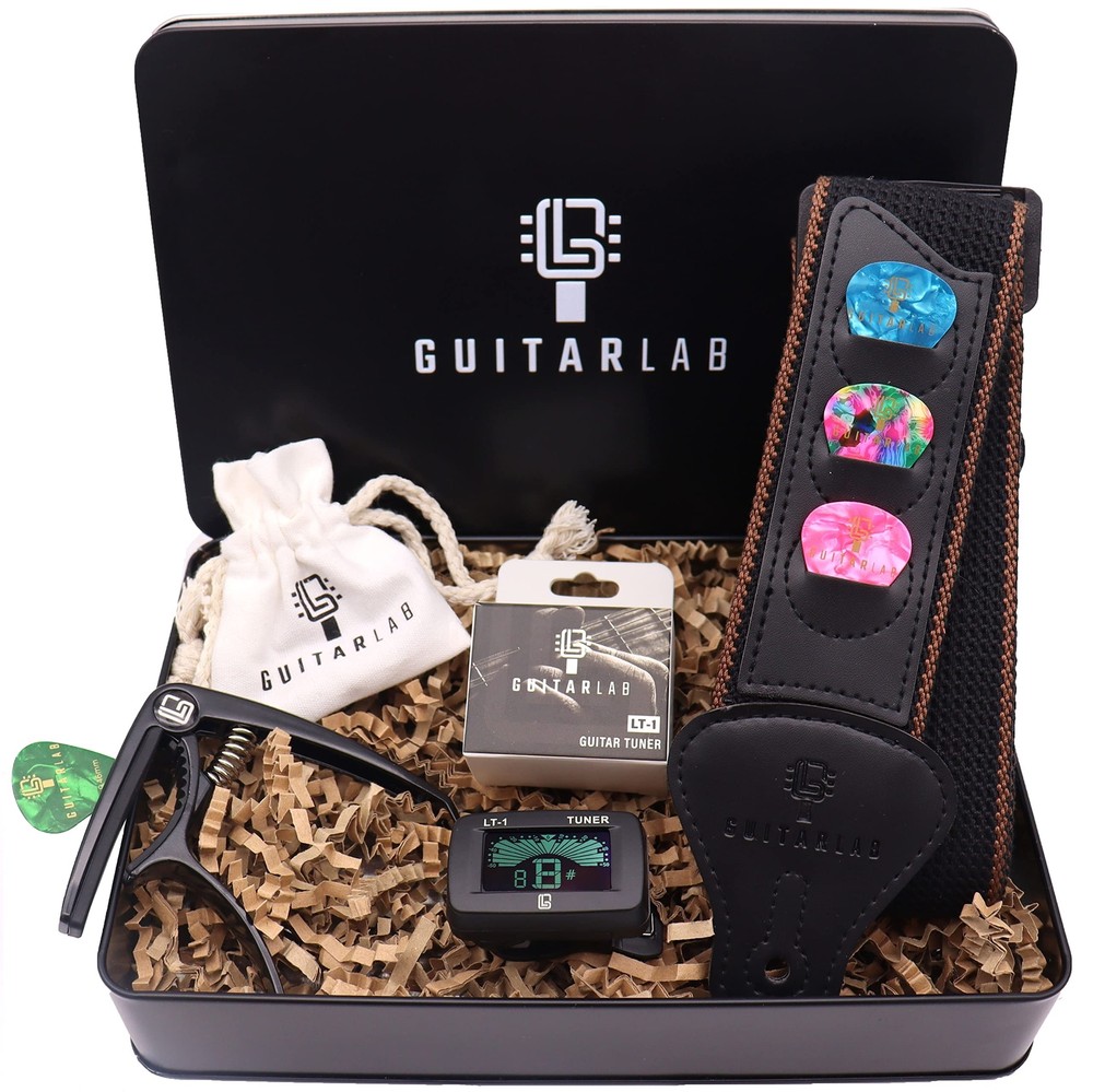 Guitar Accessories Kit - Premium Metal Tin with Guitar Strap, Capo, Tuner & P...