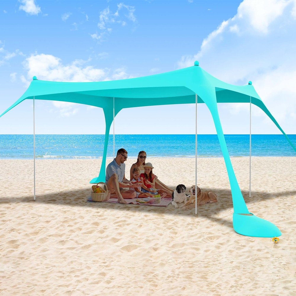EDINN 11x11FT UPF50+ Beach Tent Sun Shelter with 4 Aluminum Poles, Light Blue – Ultimate Portable Shade for Outdoor Adventures