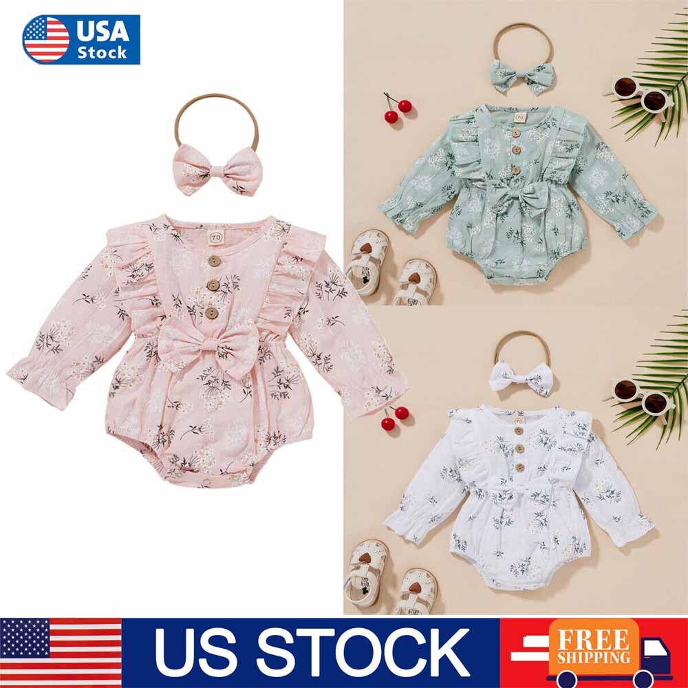 Newborn Baby Girl Ruffle Romper Bodysuit Jumpsuit Headband Clothes Outfits Set