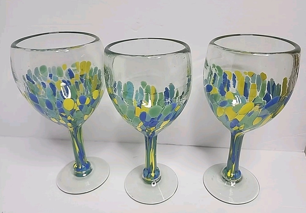 Margarita, Sangria Wine Glass, 3 PC Handblown Mexican Tempered Colorful Goblet
