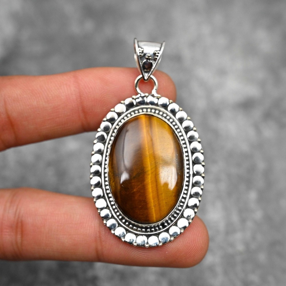 Natural Tiger Eye Gemstone Pendant Handmade Jewelry 925 Sterling Silver For Gift