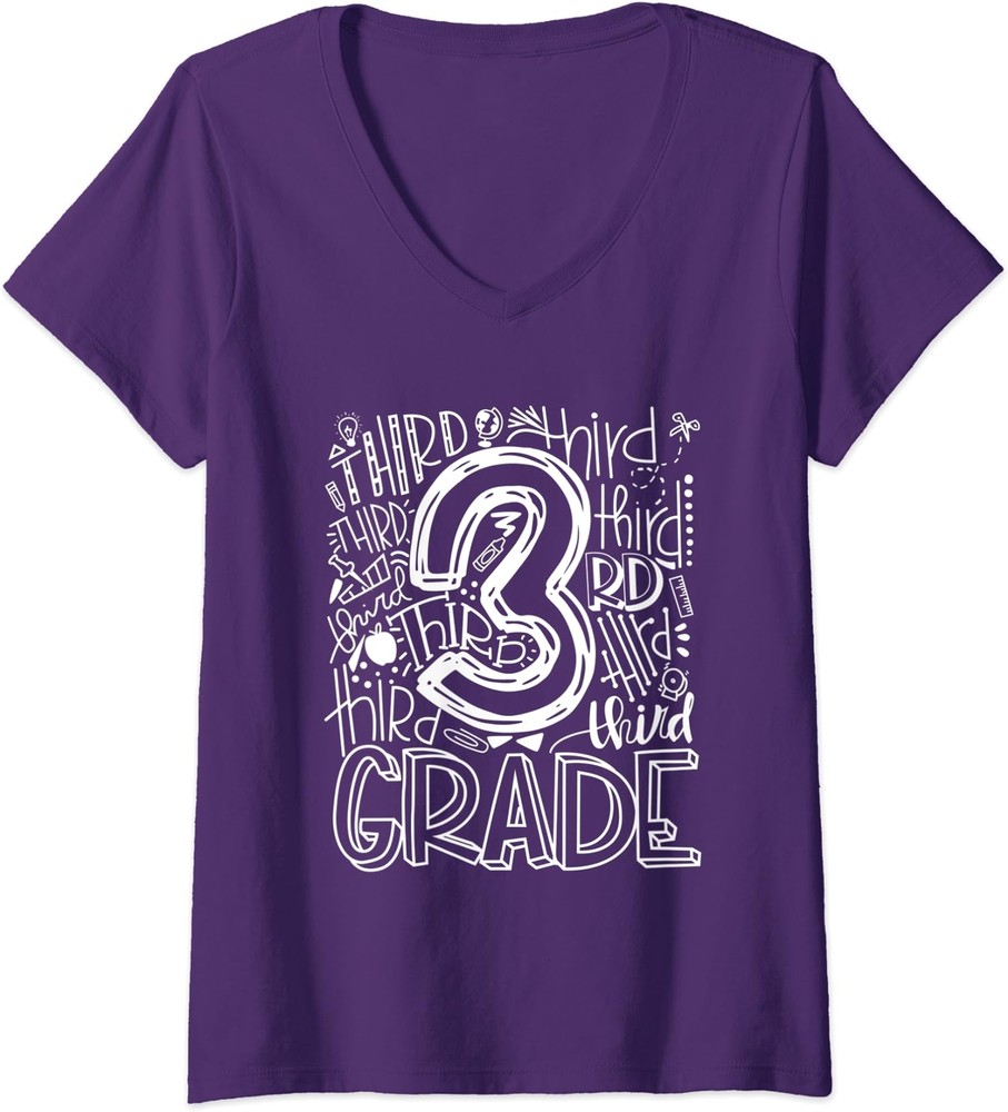Back To School 3rd Third Grade Typography Gift Ladies' V-Neck Tshirt-image