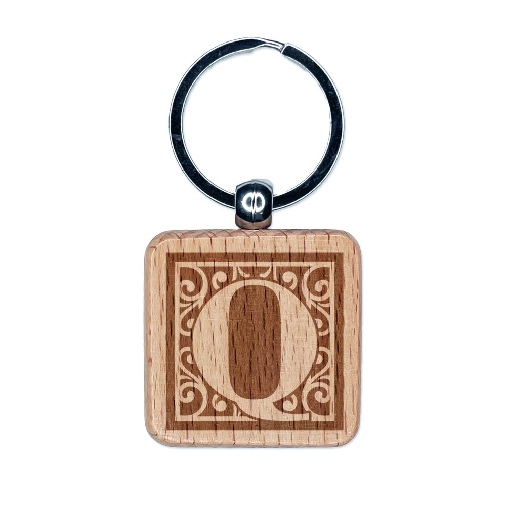 Monogram Swirls Letter Q Engraved Wood Keychain Charm Tag