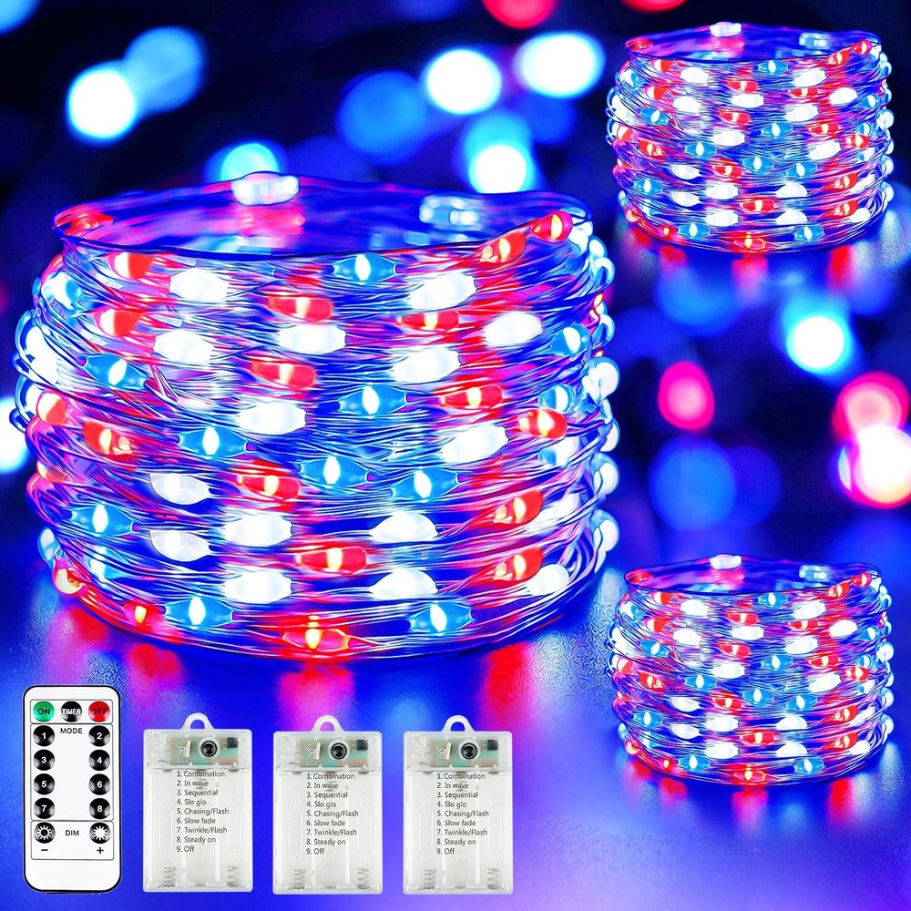 4th of July Patriotic Fairy Lights 3 Pack Red White Blue Battery Operated String Lights