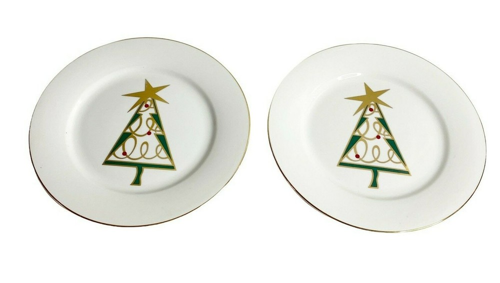 Set of 2 Pier 1 Porcelain Christmas Tree Salad Dessert Plate Green 7 1/2