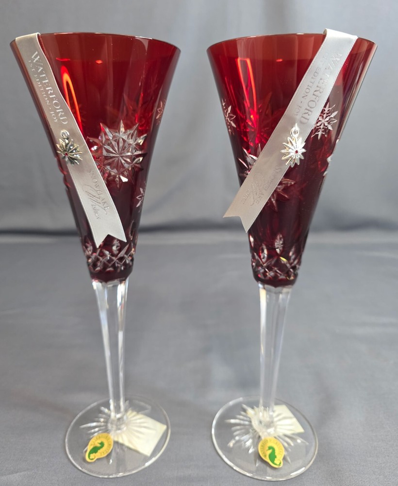 Waterford Crystal Snowflake Wishes Joy Ruby Cased Flute Set of 2, 2011 Edition