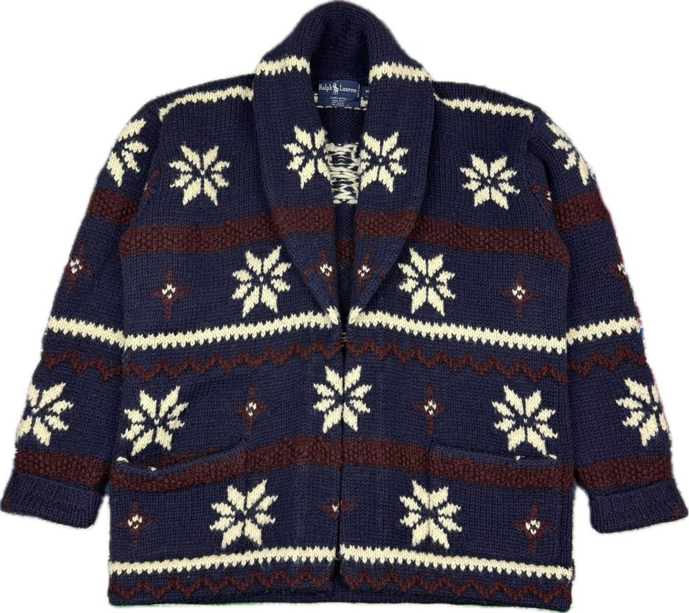 VTG Polo Ralph Lauren Mens M (fits L) Chunky Hand Knit Wool Deer Shawl Cardigan