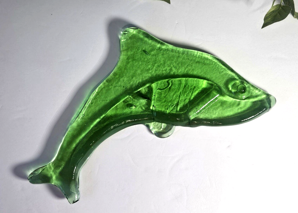 Vintage Hand Blown Green Glass Dolphin Figurine 11.5