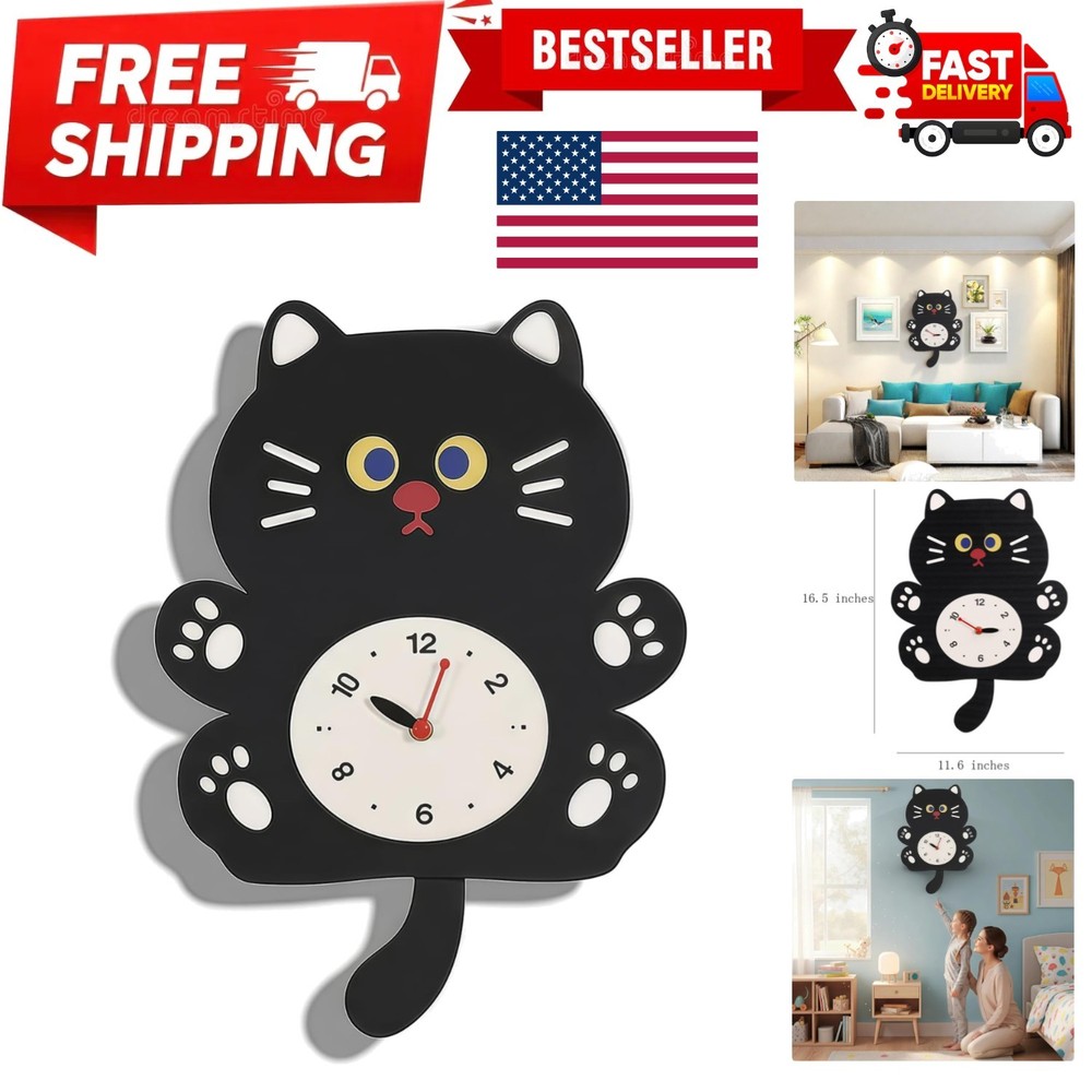 Adorable Cat Themed Swing Wall Clock, Silent Pendulum Clock, Easy to Read Ana...