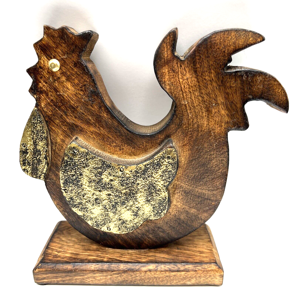 Handcrafted Wood & Metal Chicken Rooster Farmhouse Table Decor - Made in India