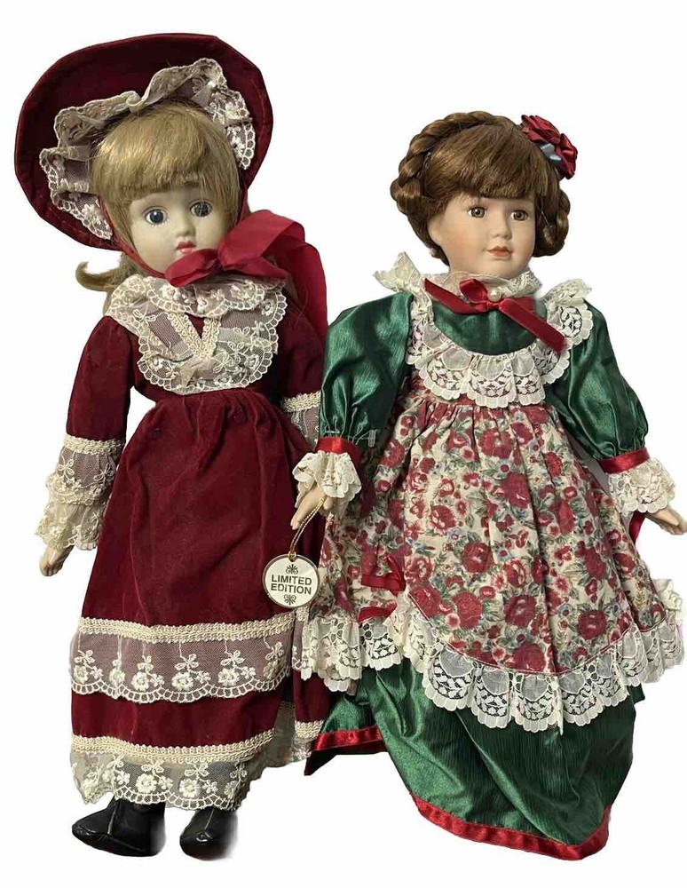Christmas Doll Porcelain Blonde Blue Eye Doll Brunette Braids Limited 18