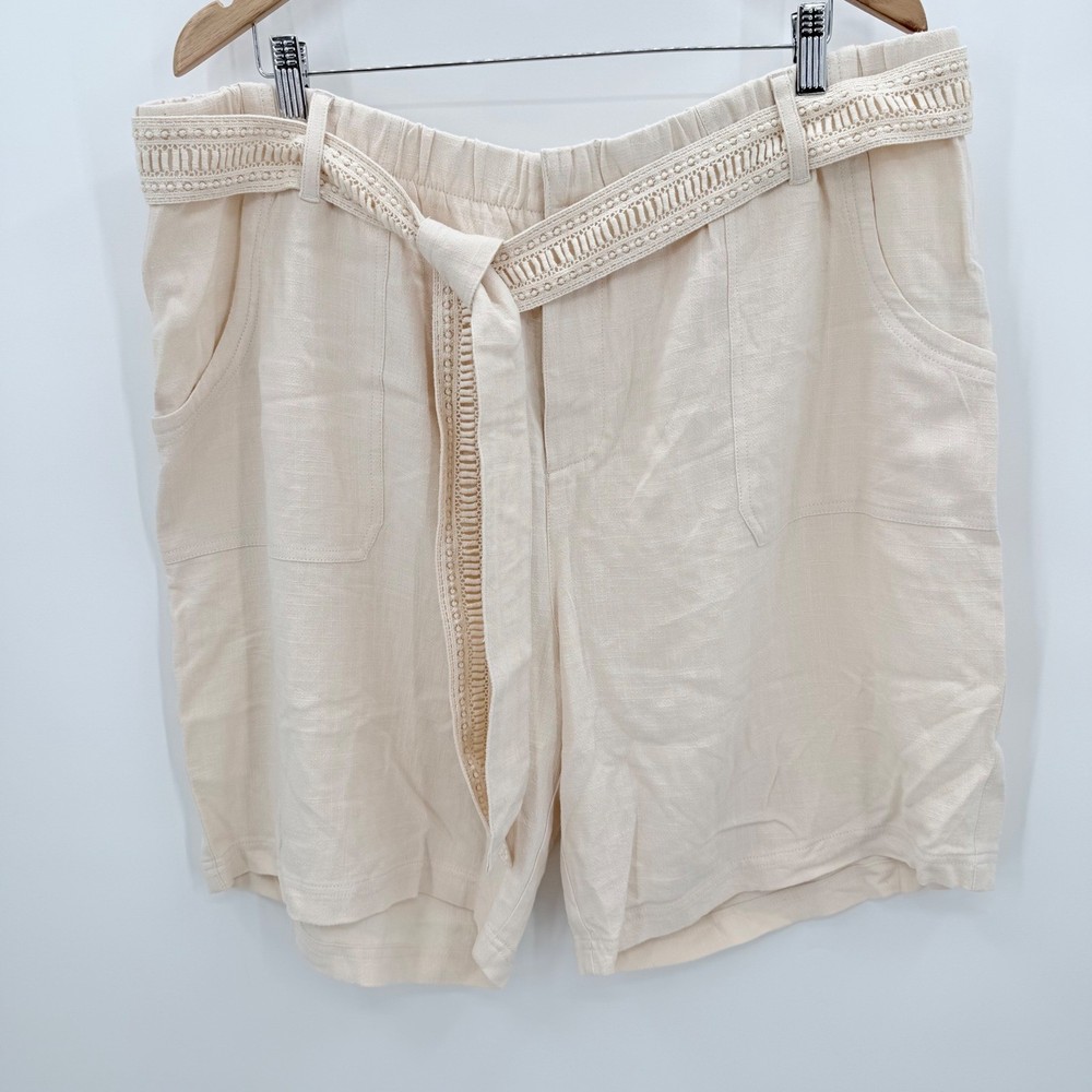 Soft Surroundings Cream Linen Blend Crochet Belted Shorts Womens 1X 5EK18 Beige