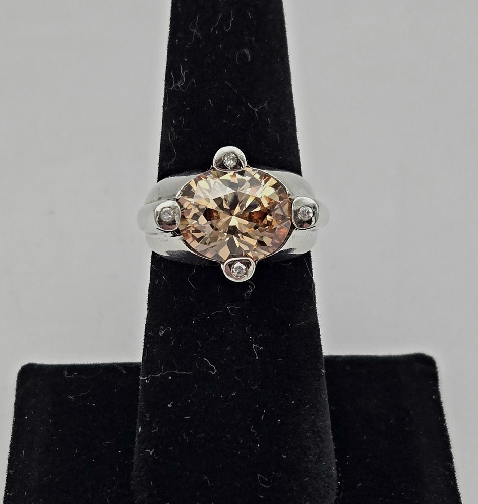 Vintage Sterling Silver Citrine Yellow Gemstone Modernist Ring Size 6 - 8.8g