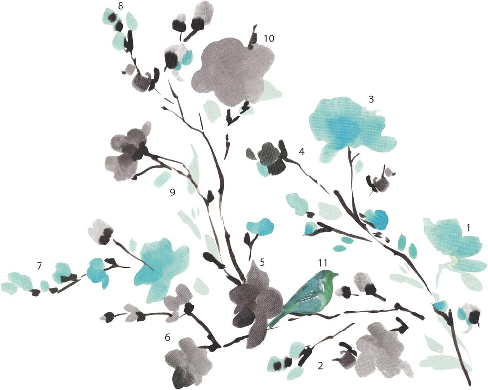 RMK2687SCS Blossom Watercolor Bird Branch Peel and Stick Wall Decals, Multi Colo