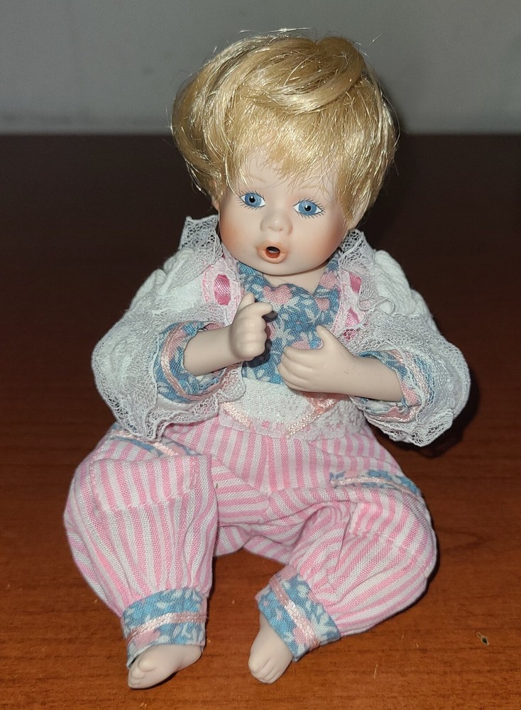 1990 Danbury Mint porcelain doll MBI pink striped overalls floral top 5 Inch.