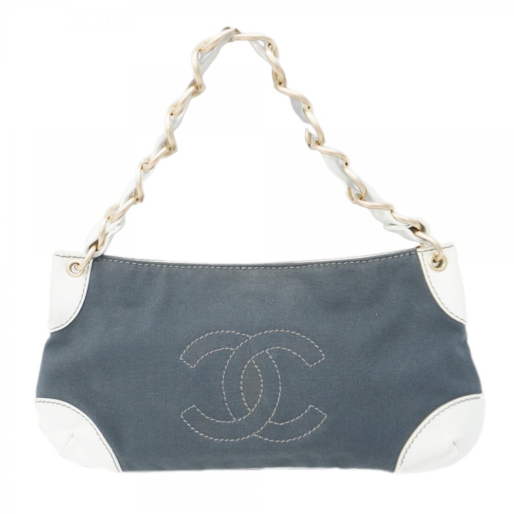 Chanel Grey White Champagne Chain Canvas Shoulder Bag 752922