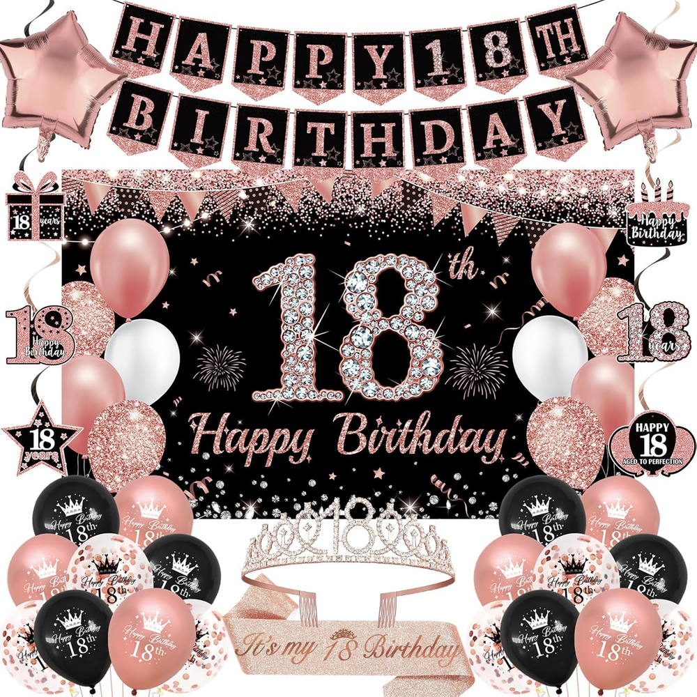 18Th Birthday Decorations for Girls, 30Pcs Black Rose Gold Happy Birthday Party