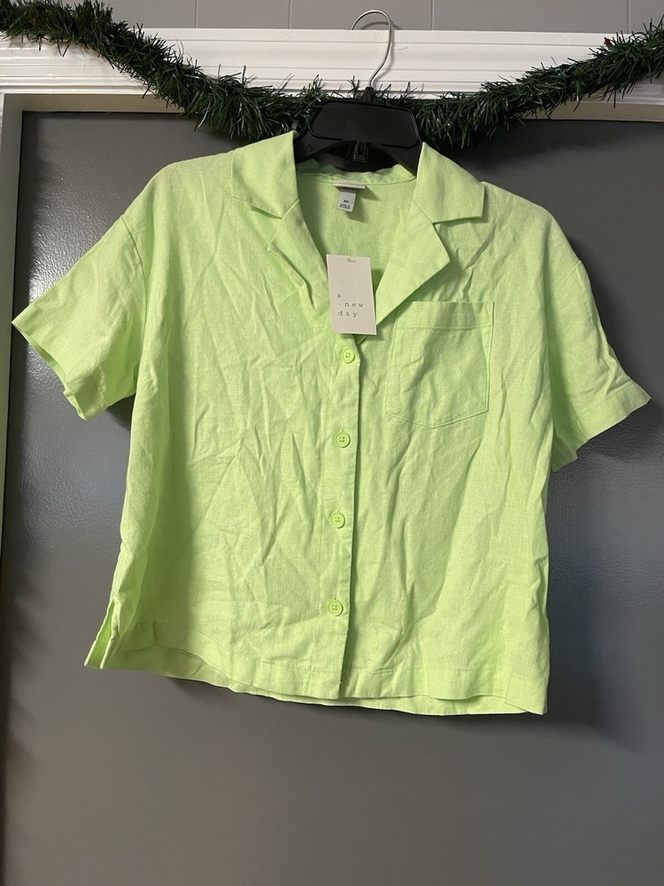 New Day Linen Short Sleeve Button-Down Camp Shirt Womens XS Green