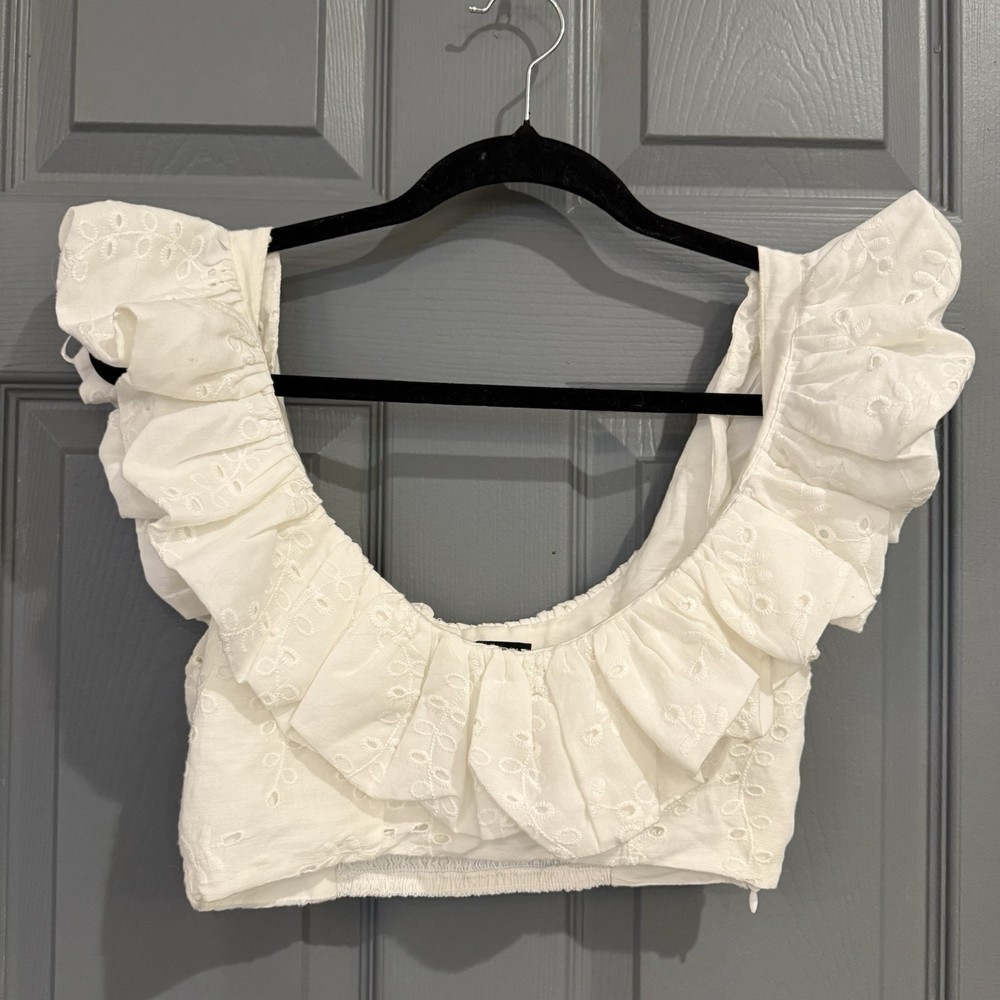 Zara Ruffle Crop Top Women Size Xs Embroidered Eyelet White Coquette Boho