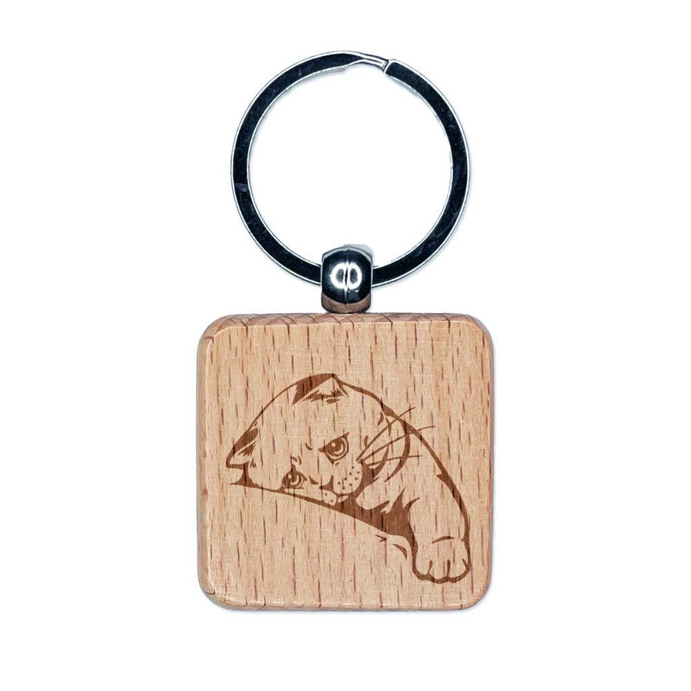 Sad Kitten Longing Engraved Wooden Square Keychain Charm  